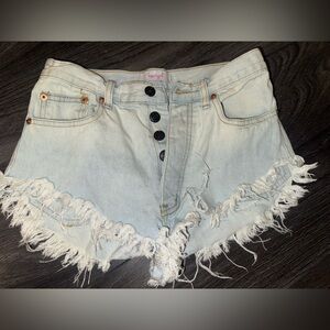 Women's Distressed, High Waisted, Light Wash Frayed Blue Jean Shorts